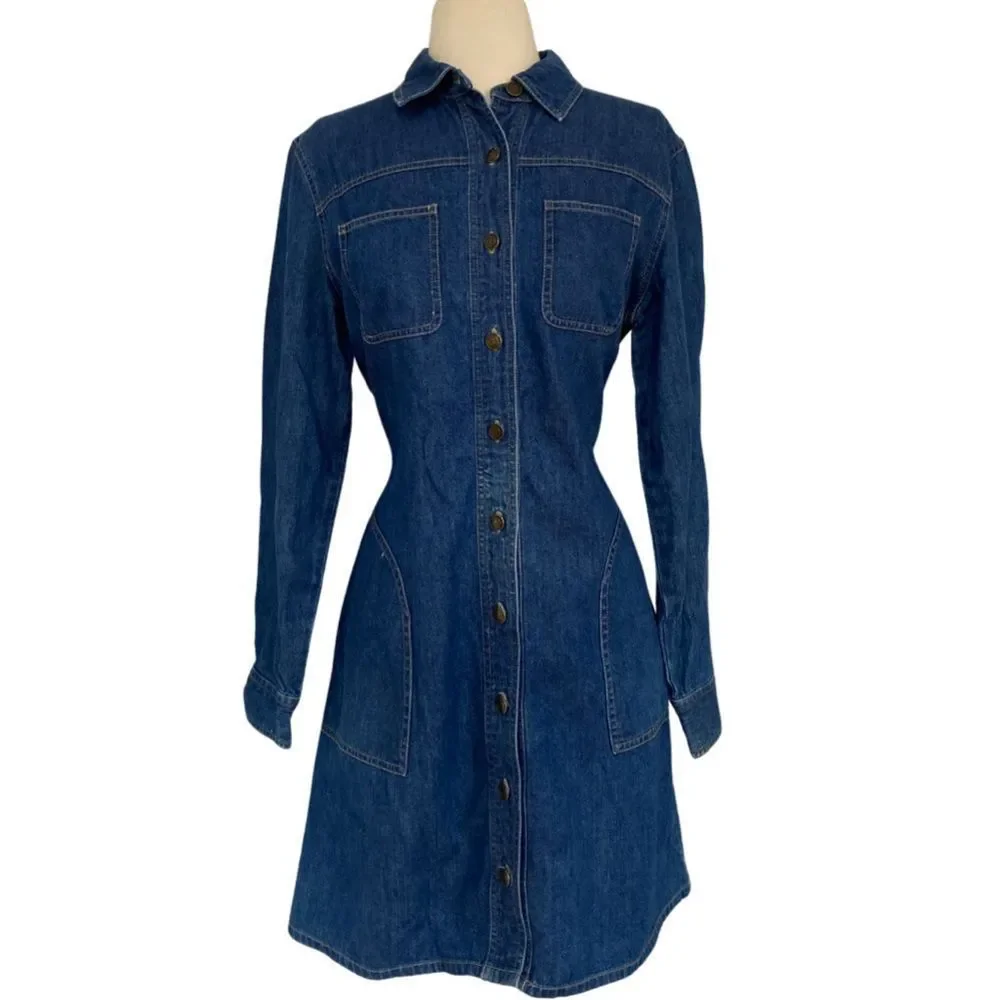 Vintage Retro 90s Talbot's Denim Long Sleeve Button Down Collared Shirt Dress - Picture 2 of 8